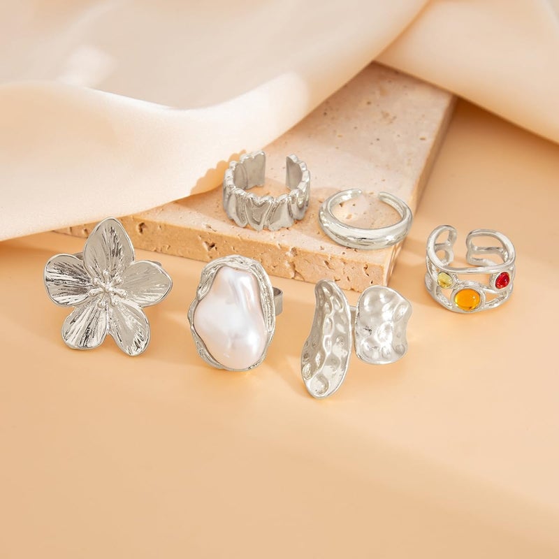 ANGLEQUEEN Chunky Silver Rings for Women Open Stacking Knuckle Ring Silver Adjustable Round Dome Rings Set Minimalist Irregular Statement Ring Women 2025 Fashion Jewelry - Image 2